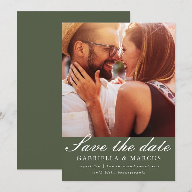 Reserva La Fecha Boda de fotografía verde de moda (Anverso / Reverso)