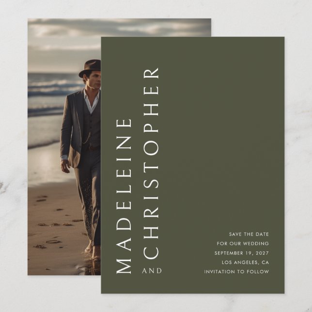 Reserva La Fecha Boda de fotografía verde oliva de nombres grandes  (Anverso / Reverso)