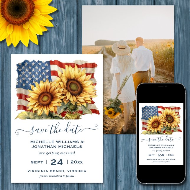 Reserva La Fecha Boda de FOTOS de girasol con bandera estadounidens (Printed (Front and Back) and Digital - Patriotic American Flag Sunflower PHOTO Wedding Save The Date)