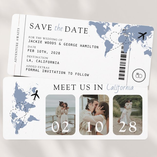 Reserva La Fecha Boda De Fotos Dusty Blue De Embarque (Boarding Pass 3 Photos Save the Date Dusty Blue)