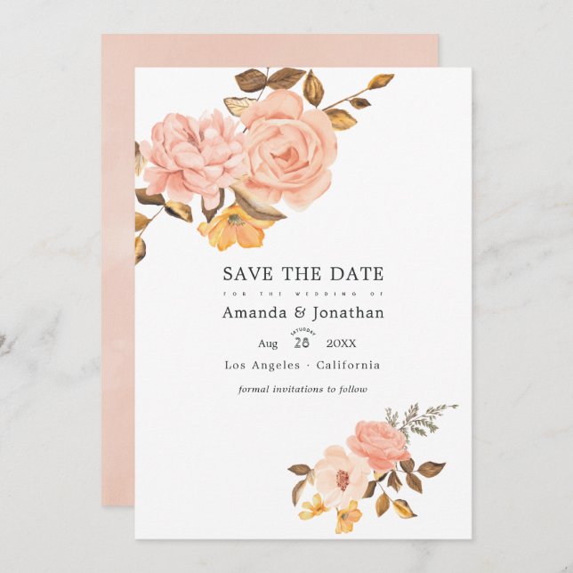 Reserva La Fecha Boda de fotos floral rosa y dorado (Anverso / Reverso)