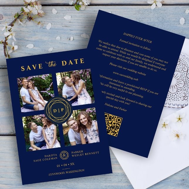 Reserva La Fecha Boda de Fotos Múltiples Ultra Trendy Navy & Gold 4 (Ultra Trendy Navy Blue & Fake Gold 4 Multi Photos Collage Wedding Script Downloadable Save the Date.)