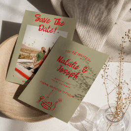 Reserva La Fecha Boda de fotos retro quirky con mano roja moderna