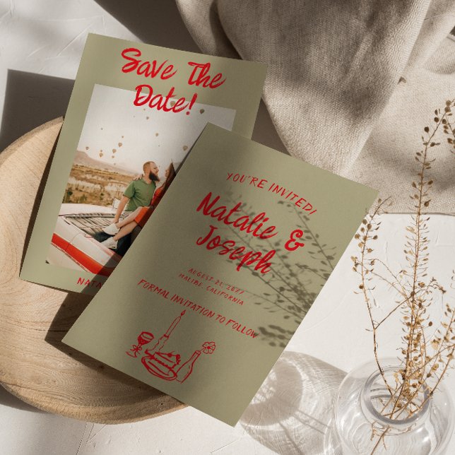 Reserva La Fecha Boda de fotos retro quirky con mano roja moderna (Subido por el creador)