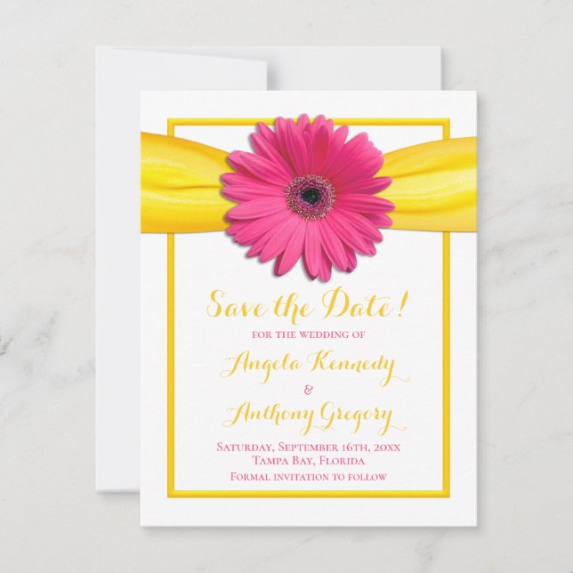 Reserva La Fecha Boda de gerbera de margarita rosa con cinta amaril (Anverso)
