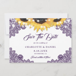 Reserva La Fecha Boda de girasol de encaje floral rústico púrpura