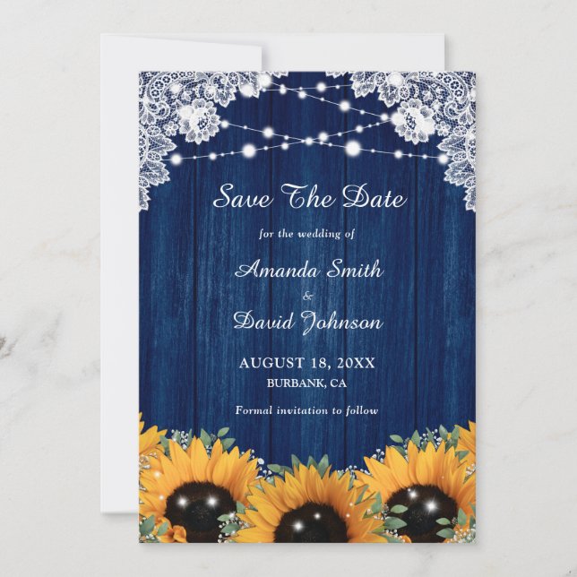 Reserva La Fecha Boda de girasol de la Marina Blue Wood Greenery (Anverso)