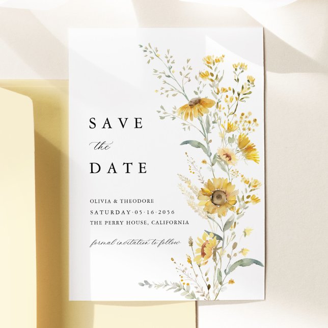 Reserva La Fecha Boda de girasol silvestre amarillo (Yellow sunflower wildflower save the date card watercolor floral elegant garden wedding stationery)