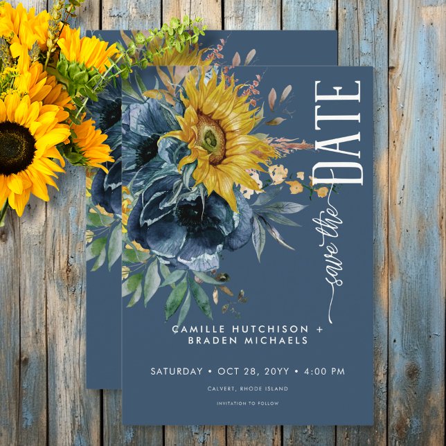 Reserva La Fecha Boda de girasoles azul y agitado (Rustic Dusty Blue Sunflowers Wedding Save The Date)