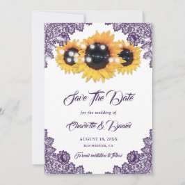 Reserva La Fecha Boda de girasoles de encaje floral rústico púrpura