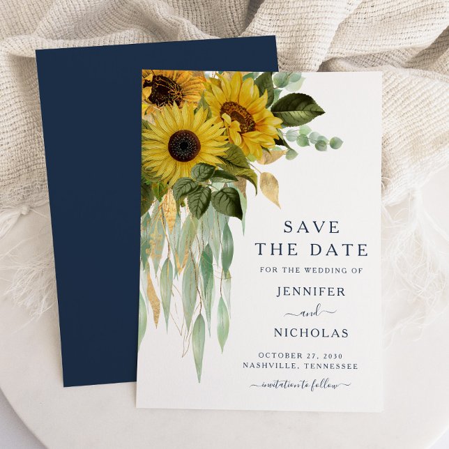Reserva La Fecha Boda de girasoles de eucalipto azul marino (Navy Blue Sunflower Eucalyptus Wedding Save The Date)