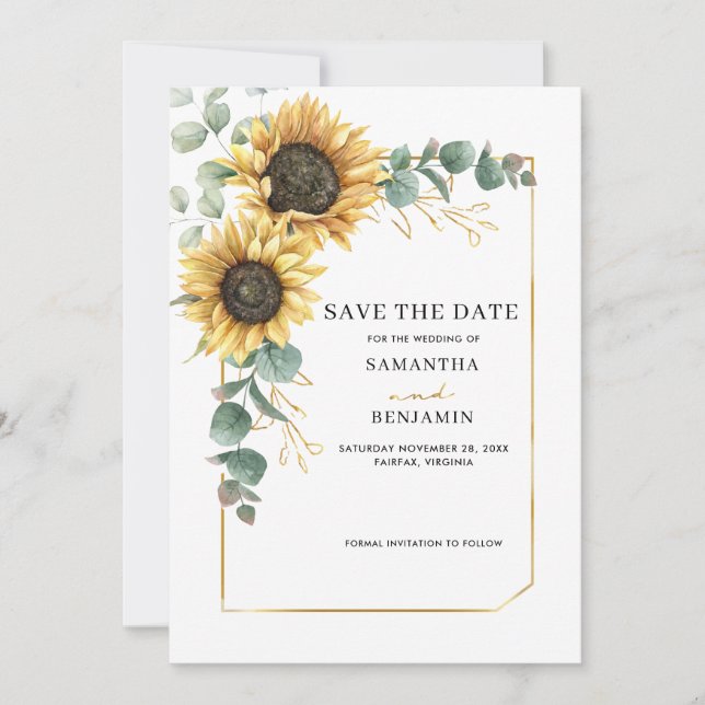 Reserva La Fecha Boda de girasoles de eucalipto floral acuarela (Anverso)