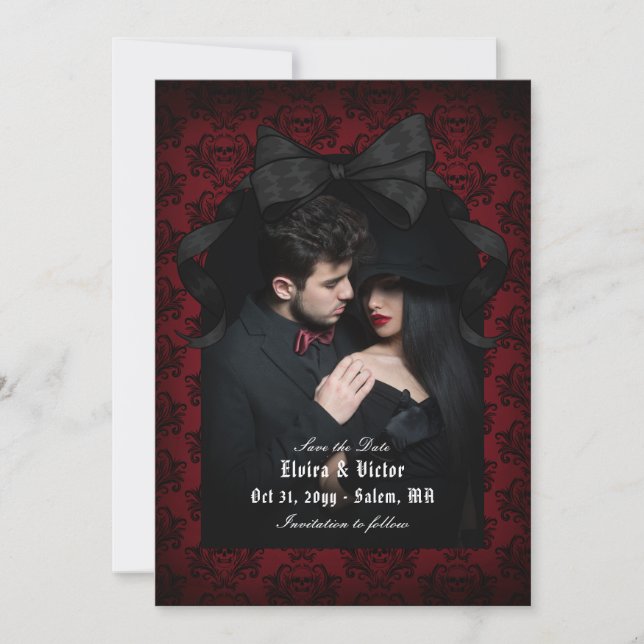 Reserva La Fecha Boda de Gótico Skull Red Damask Black Bow (Anverso)