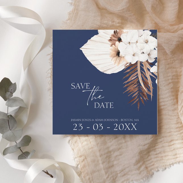 Reserva La Fecha Boda de Grass Boho Navy Blue White Pampas (Subido por el creador)