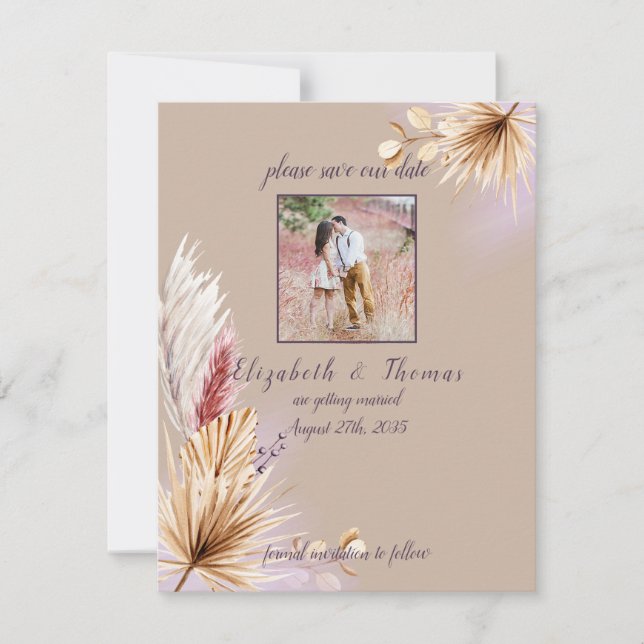 Reserva La Fecha Boda de Grass Boho Rustic Summer Pampas (Anverso)