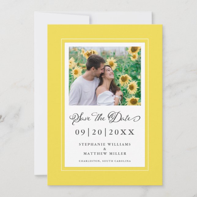 Reserva La Fecha Boda de guión elegante de fotos Borde amarillo tre (Anverso)