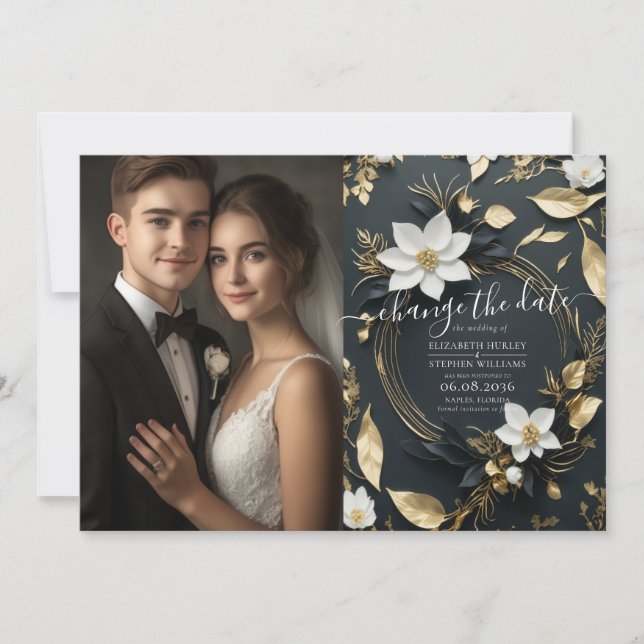 Reserva La Fecha Boda de guirnaldas florales de oro blanco cambia l (Anverso)