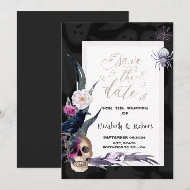 Reserva La Fecha Boda de Halloween de Cráneo Floral  (Anverso / Reverso)
