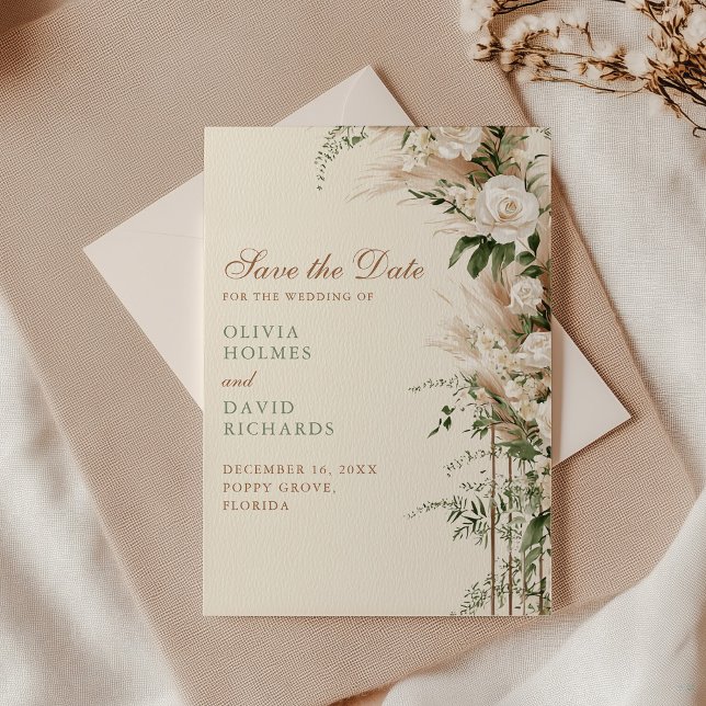 Reserva La Fecha Boda de hierba de Pampas bohemio y rosa blanca (Boho Pampas Grass & White Rose Wedding Save The Date with an envelope on an elegant table)
