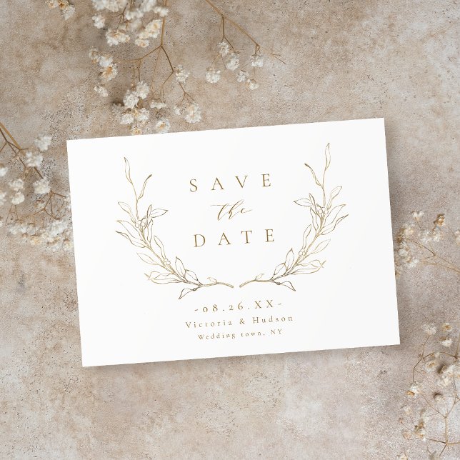Reserva La Fecha Boda de hojas botánicas de oido simple elegancia (Gold simple elegance botanical leaves wedding Save The Date)