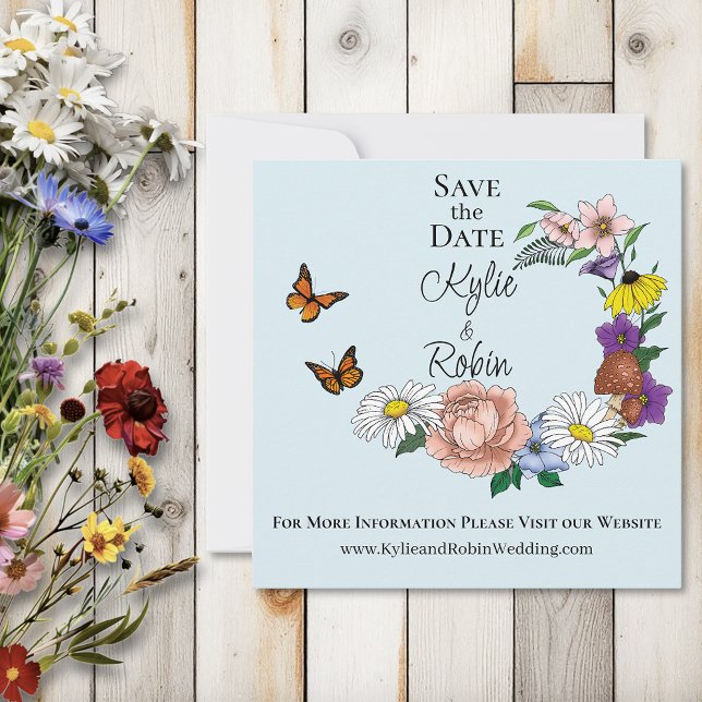 Reserva La Fecha Boda de hongos azules florales de flores silvestre (Subido por el creador)