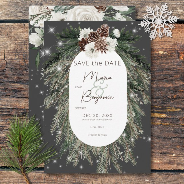 Reserva La Fecha Boda de invierno con carbón rústico de pino brillo (Rustic Charcoal Pine Winter Sparkle Wedding Save The Date)