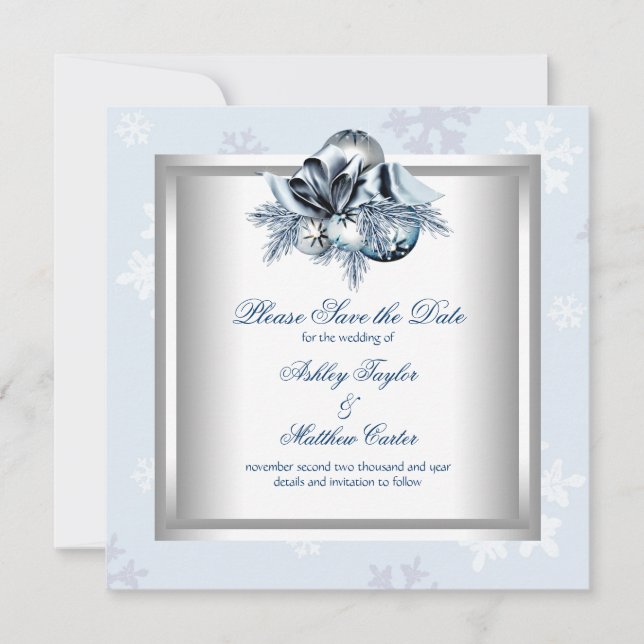 Reserva La Fecha Boda de invierno de copo de nieve azul blanco Guar (Anverso)