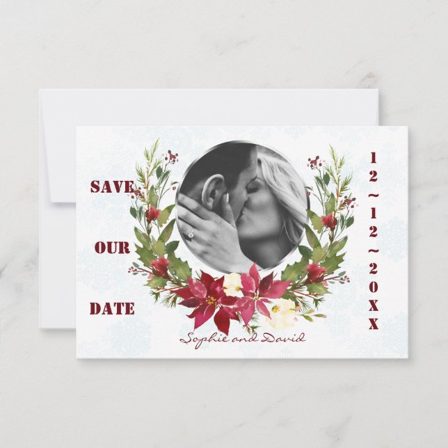 Reserva La Fecha Boda de invierno de Poinsettia Wreath Save the Dat (Anverso)