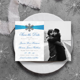 Reserva La Fecha Boda de Invierno Diamante Snowflake & Blue Ribbon