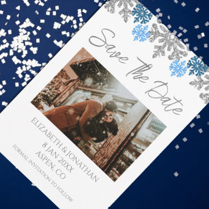 Reserva La Fecha Boda de Invierno Silver Blue Snowflakes