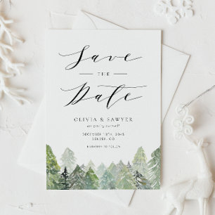 Reserva La Fecha Boda de Invierno Watercolor Snowy Evergreen Woodla