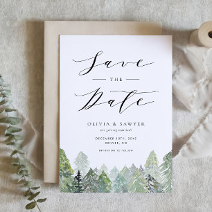 Reserva La Fecha Boda de Invierno Watercolor Snowy Evergreen Woodla