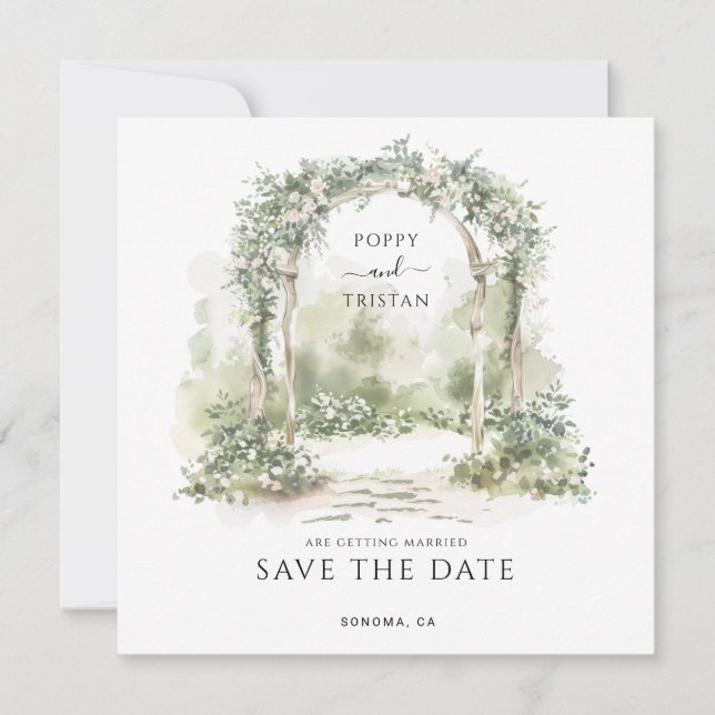 Reserva La Fecha Boda de jardín con arco floral elegante (Anverso)