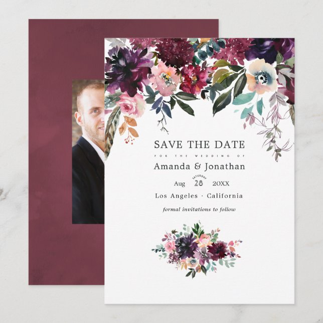 Reserva La Fecha Boda de Jardín Floral de Vino de Burdeos (Anverso / Reverso)
