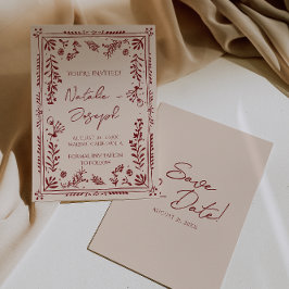 Reserva La Fecha Boda de Jardín Floral Rojo Profundo Borgoña Dibuja