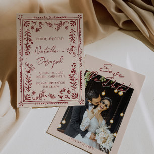 Reserva La Fecha Boda de jardín floral rojo profundo dibujado a man