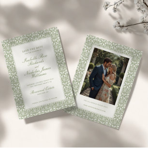 Reserva La Fecha Boda de Jardín Vintage Verde Salvia