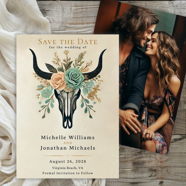 Reserva La Fecha Boda de la Boho Western Floral Bull Cow Skull (Boho Floral Bull Cow Skull Wedding Photo Save The Date)