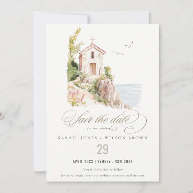 Reserva La Fecha Boda de la Iglesia Católica de la Acuarela Costera (Anverso)