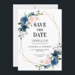 Reserva La Fecha Boda de la Marina Azul Rubor Rosa Rosa Boho<br><div class="desc">Hermosa boda de boho floral, salvo la fecha, cuenta con gráficos florales de acuarela pintados a mano / rosas en ricos tonos azul marino y rosa / melocotón rosa y timbre encantador estilo letras a mano. Comuníquese conmigo para obtener ayuda sobre la personalización o si necesita cualquier otro producto con...</div>