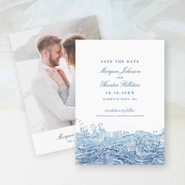 Reserva La Fecha Boda de la Marina Elegante de Olas Oceánicas (Blue Ocean Waves Photo Save the Date in elegant navy blue from Concertina Press)