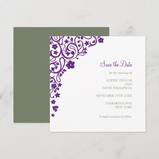 Reserva La Fecha Boda de la plaza Purple Floral de Secret Garden (Anverso / Reverso)