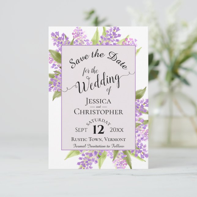 Reserva La Fecha Boda de Lavanda de Acuarela Lilacs y Caligrafía (Anverso de pie)
