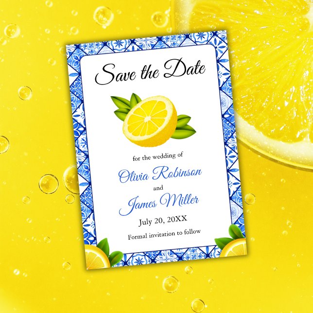 Reserva La Fecha Boda de limón azul de mosaico italiano mediterráne (Mediterranean Italian Blue Tile Lemon Wedding Save The Date )