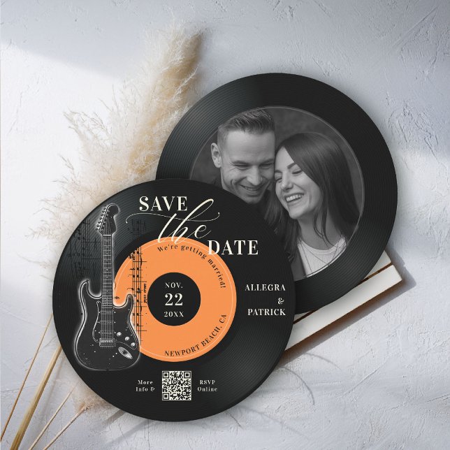 Reserva La Fecha Boda de los amantes de la música Guardar el código (music lover wedding save the date photo musician vintage vinyl record partition notes guitar QR code)