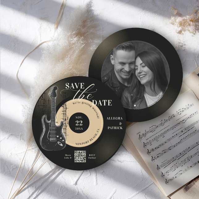 Reserva La Fecha Boda de los amantes de la música Guardar la cita V (music lover wedding save the date photo musician vintage vinyl record partition notes guitar QR code)