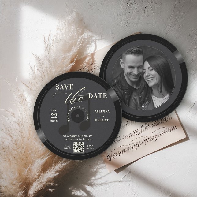 Reserva La Fecha Boda de los amantes de la música salve la cita neg (music lover wedding save the date photo musician vintage vinyl record black chic QR)