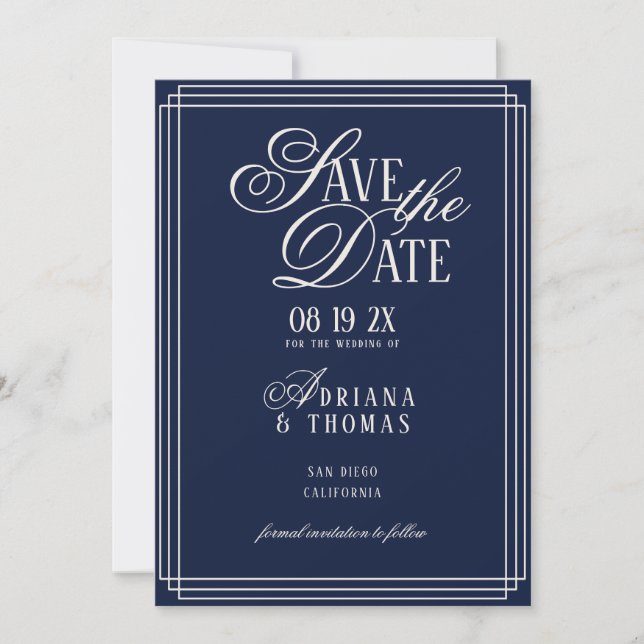 Reserva La Fecha Boda de lujo con caligrafía azul (Anverso)