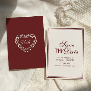 Reserva La Fecha Boda de lujo de marfil rojo oscuro elegante antigu