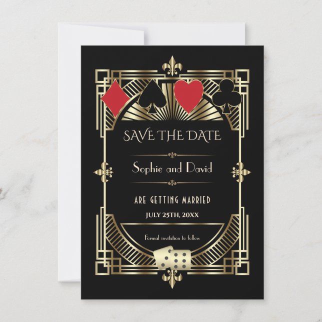 Reserva La Fecha Boda de Luxury Gold Black Art Deco Roaring 20s (Anverso)